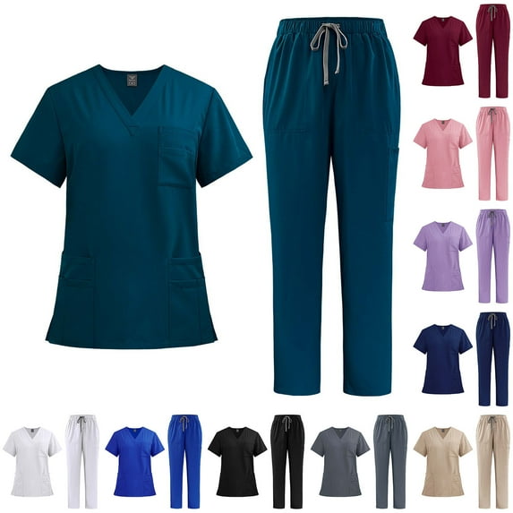 BiZtdJrK Scrubs Set for Women V Neck Short Sleeve Scrub Tops and Drawstring Pants Two Piece Sets Lightweight Nurse Uniform with Pockets Birthday Gift Wine L