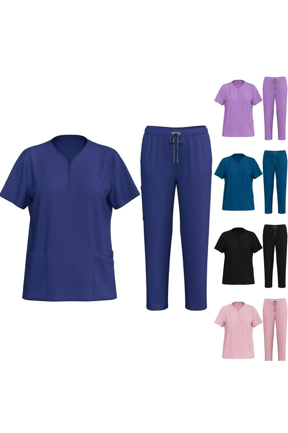Scrubs for Women, Casual Zip V Neck Scrub Tops & Yogga Pants 2 Piece Sets Summer Short Sleeve Quick Dry Medical Nursing Uniform Scrubs Set Black S Prime Sales of The Day