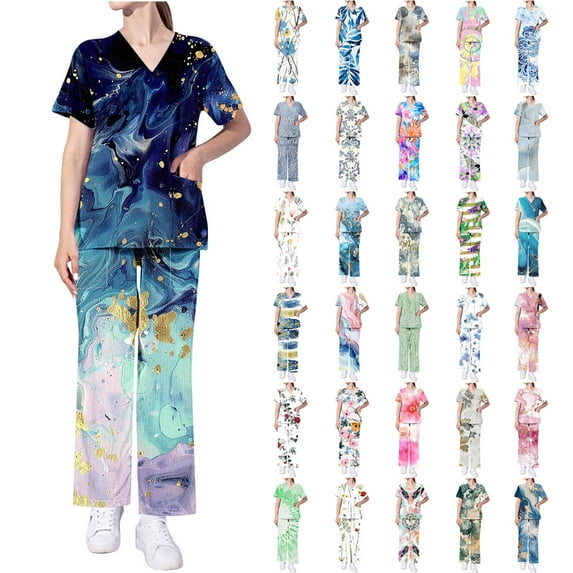 BiZtdJrK Scrubs for Women Stretch Set V Neck Nursing Scrub Set with Straight Leg Pants Fashion Mask Graphic Printed 2 Piece Outfits Multicolor S