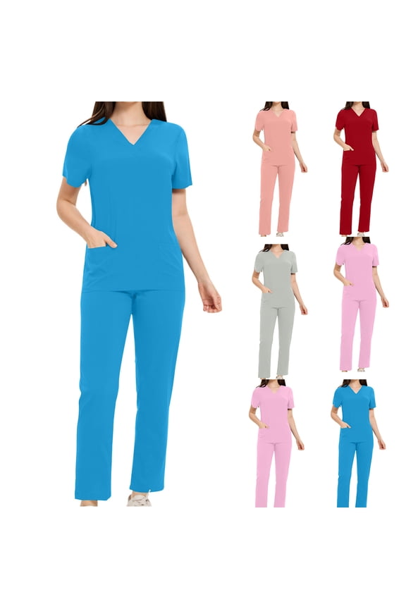 Scrubs for Women Set Medical Nursing Uniforms V Neck Short Sleeve Scrub Tops and Pants Two Piece Sets with Pockets Sky Blue S