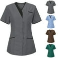 thumbnail image 1 of BiZtdJrK Scrubs for Women Snap Front Breathable Nursing Uniforms V Neck Short Sleeve Summer Workwear Tops with Chest Pockets Brown XXXL, 1 of 3