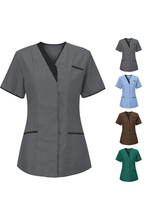 BiZtdJrK Scrubs for Women Snap Front Breathable Nursing Uniforms V Neck Short Sleeve Summer Workwear Tops with Chest Pockets Gray XXL