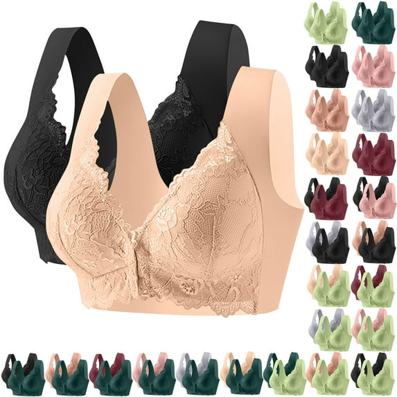 BiZtdJrK Seamless Bras for Women 2 Pack Front Closure No Underwire Bra Solid Color Push up Breathable Lace Plus Size Bralettes, Black, XXXXL