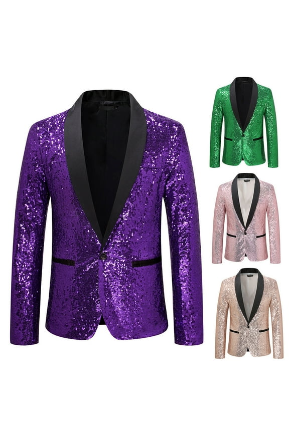 Sequin Dress Jacket for Men Sparkly Glitter One Button Lapel Fashion Blazer Jackets Dinner Party Prom Sport Coat Pink S