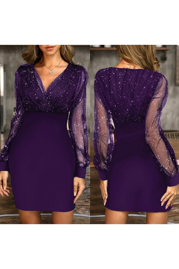 Sequin Dress for Women Sexy Off Shoulder Formal Gowns Sexy Mesh Long Sleeve Party Club Wrap Dress Elegant V Neck Wedding Guest Dresses Lightning Sales of Today Purple XXL