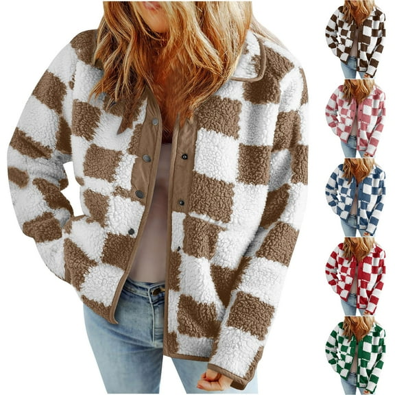 BiZtdJrK Sherpa Fleece Jackets Women Plaid Long Sleeve Crop Jacket Lapel Button Down Warm Winter Coats Fashion Outerwear Brown S