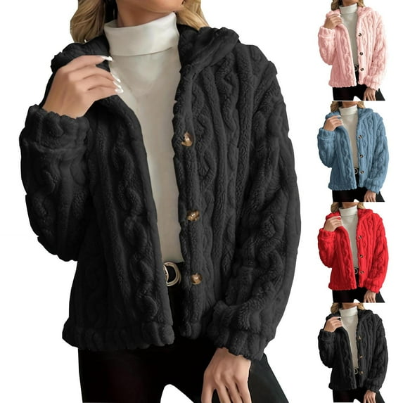 BiZtdJrK Sherpa Fleece Jackets for Women Button Down Long Sleeve Lapel Coats Elegant Casual Winter Outerwear Black XL