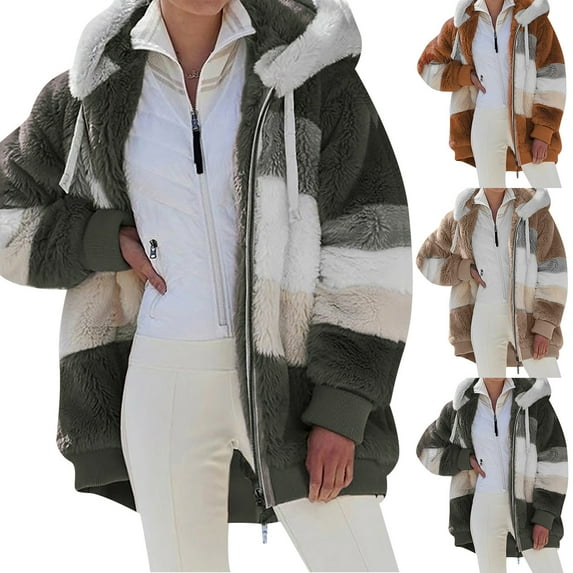 BiZtdJrK Sherpa Fleece Lined Coat for Women Coloblock Fashion Long Sleeve Hooded Jackets Zip Up Winter Warm Outerwear with Pockets Army Green M