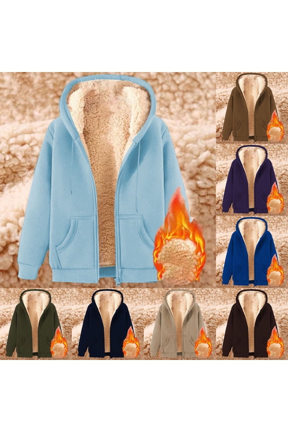 Sherpa Fleece Lined Sweatshirt Jacket Women Drawstring Long Sleeve Zip Up Hooded Jackets Warm Fall Winter Outerwear with Pocket Light Blue XXL