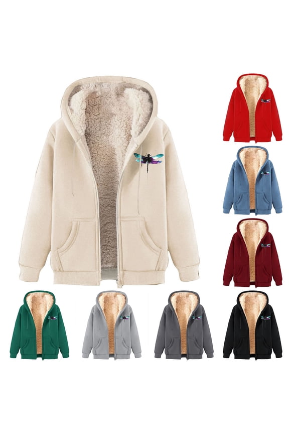 Sherpa Jackets for Women Casual Long Sleeve Zip Up Hoodies Winter Warm Fleece Lined Hooded Coats Dragonfly Print Sweatshirts Going Out Tops Today's Sales Red 3XL