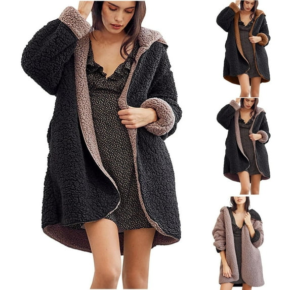 BiZtdJrK Sherpa Jackets for Women Solid Color Long Sleeve Coat Hooded Double Sided Casual Teddy Fleece Cardigans 2025 Fall Tops Today's Lightning Sales Black XXL