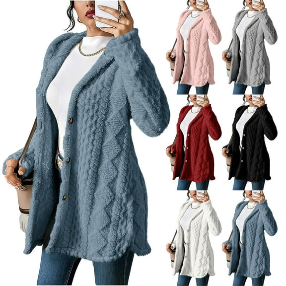 BiZtdJrK Sherpa Open Front Jacket for Women Fuzzy Fleece Long Sleeve Button Down Cardigans Cozy Warm Fall Winter Outerwear White L
