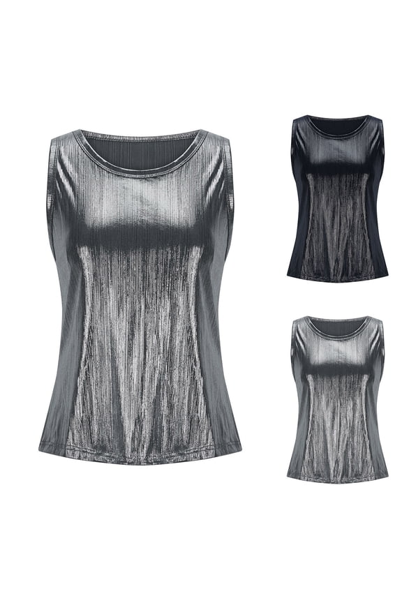 Shiny Tank Top for Women 2025 Summer Loose Crew Neck Sleeveless Casual Party Blouse Silver XL