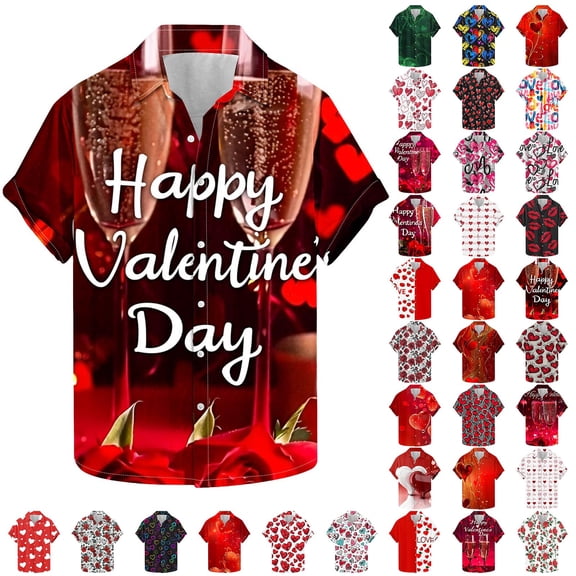 BiZtdJrK Shirts for Men, 2025 Valentines Day Outfits Novelty Print Loose Fit Turndown Collar T-Shirt Vacation Beach Top Multicolor XXL Prime Today