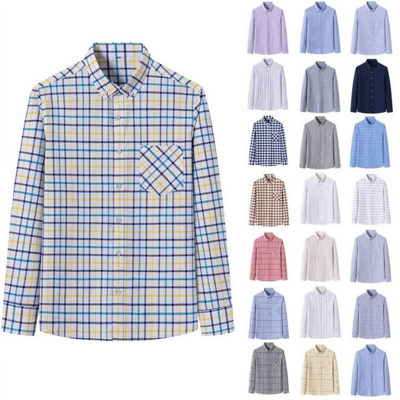 BiZtdJrK Shirts for Men Long Sleeve Plaid Dress Shirts Casual Button Down Turndown Collar Work Tops with Front Pocket Blue L