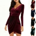 thumbnail image 1 of BiZtdJrK Short Velvet Dresses for Women Casual Ruched Bodycon Long Sleeve Deep V Neck Mini Dress Cocktail Evening Party Outfits, Blue, XXL, 1 of 4