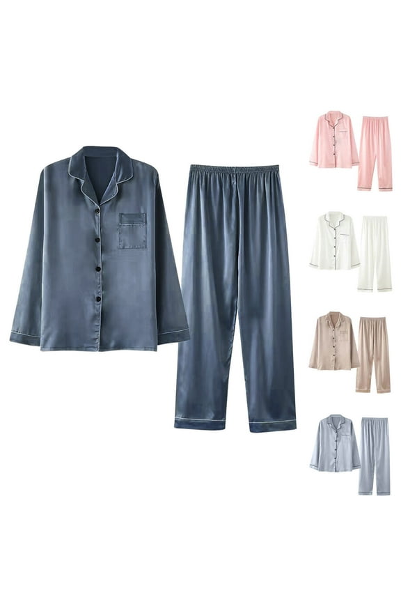 Silk Satin Pajamas for Women Set Plus Size Comfy Sleepwear Sets Notch Collar Long Sleeve Button Down Shirts and Pants 2 Piece Lounge Outfits with Chest Pocket Gray XXL