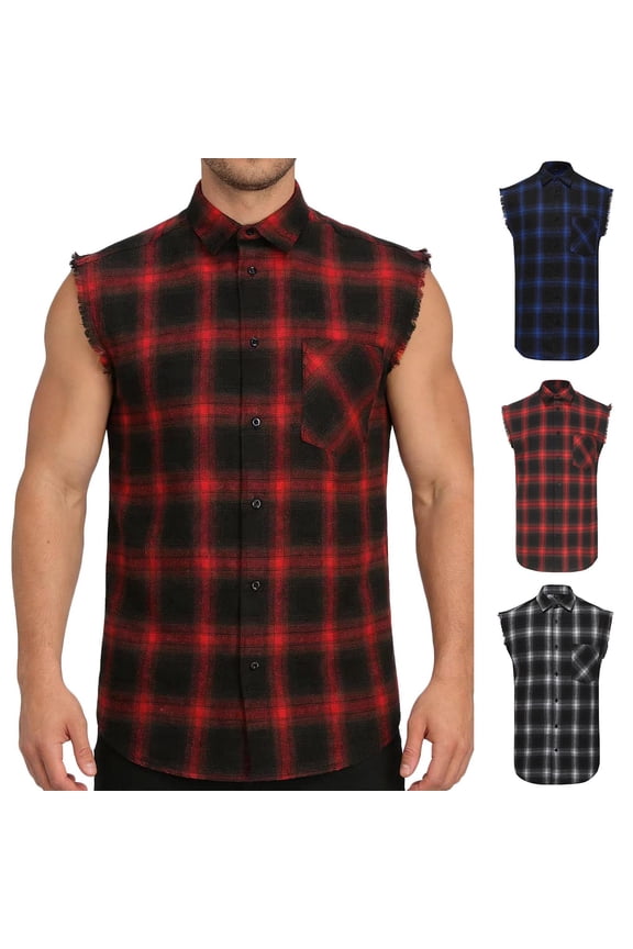 Sleeveless Shirts for Men Casual Button Up Collar Flannel Tank Tops Fashion Plaid Vest Summer Beachwear with Chest Pocket, Blue, XL