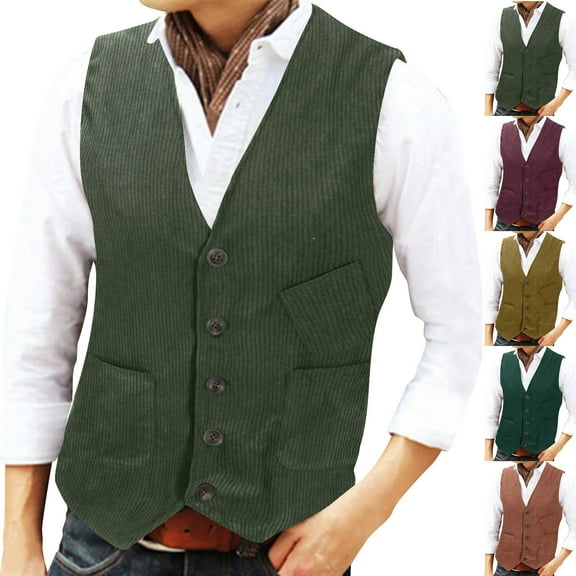 BiZtdJrK Slim Fit Suit Vest Men Corduroy V Neck Button Down Fashion Outerwear Vests Business Casual Sleeveless Jackets with Pockets Yellow L