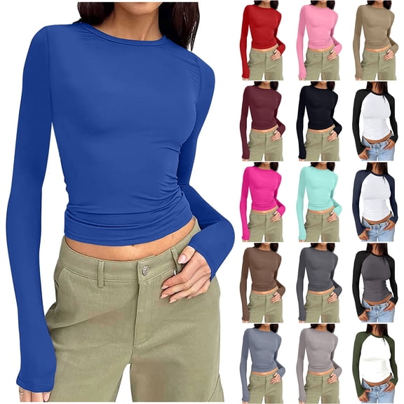 BiZtdJrK Slim Fit Tee Tops for Women Color Block Raglan Long Sleeve Casual T Shirts Fashion Y2k Street Cropped Tees Blue XL