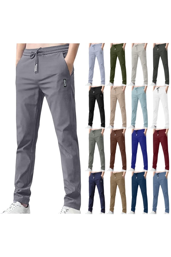 BiZtdJrK Slim Straight Pants for Men Elastic Waist Dress Pants with Pockets Lightweight Casual Drawstring Sweatpants, White, M