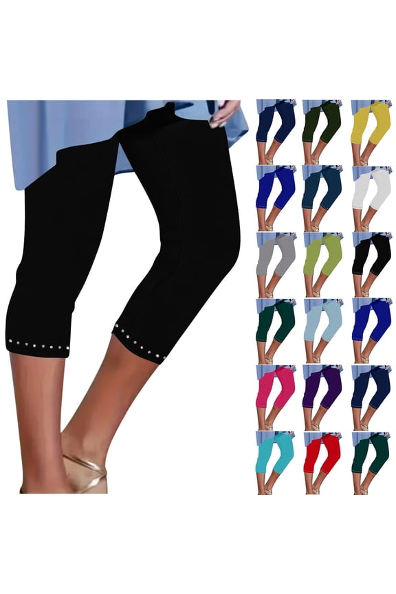 Solid Capri Leggings for Women High Waisted Capris Rhinestone Hem Yoga Cropped Trousers 2025 Summer Gym Pants clearance items Yellow XL
