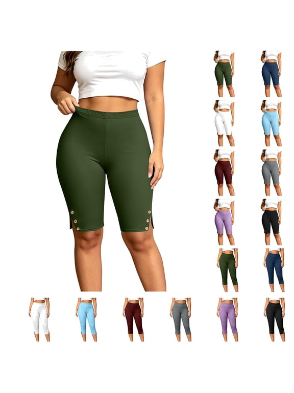 Solid Capri Leggings Women Plus Size High Waisted Slim Fit Casual Capris Button Side Slit Summer Cropped Pants Stretch Fitness Yoga Legging Gray L