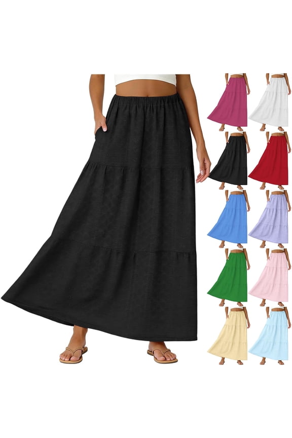 Solid Color Maxi Skirt for Women Eyelet Elastic High Waist Pleated Skirts Loose Breathable Flowy Summer Skirts with Pockets Yellow XL