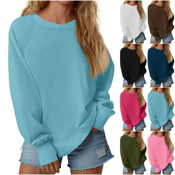 BiZtdJrK Solid Color Pullovers for Women Crewneck Long Sleeve Sweatshirts Lightweight Casual Workout Tops Black L