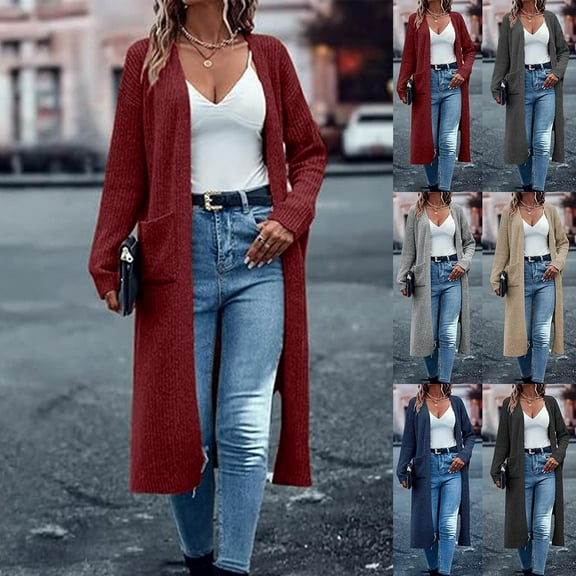 BiZtdJrK Solid Sweater Cardigans for Women Open Front Maxi Knit Cardigan Trendy Fall Duster Sweaters Long Sleeve Casual Fall Outwear with Pockets Black S