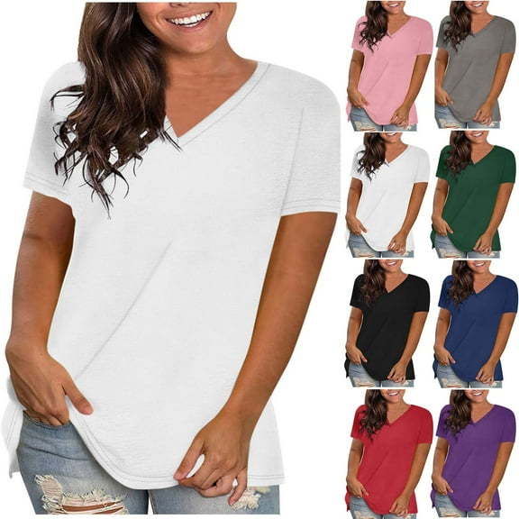 BiZtdJrK Solid T-shirts for Women Short Sleeve V Neck Tops Loose Comfy Casual Workout Tees Gray S