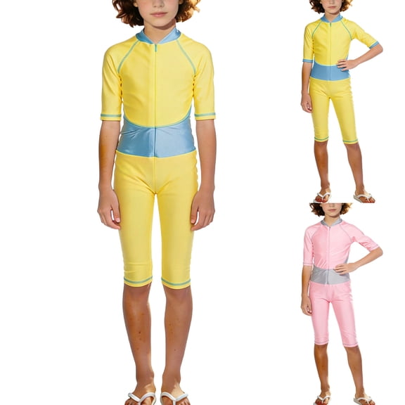 BiZtdJrK Sport Swimsuits for Girl Color Block Zip Up Half Sleeve One Piece Bathing Suit Lightweight Surfing Athletic Jumpsuits Swimwear Yellow 130