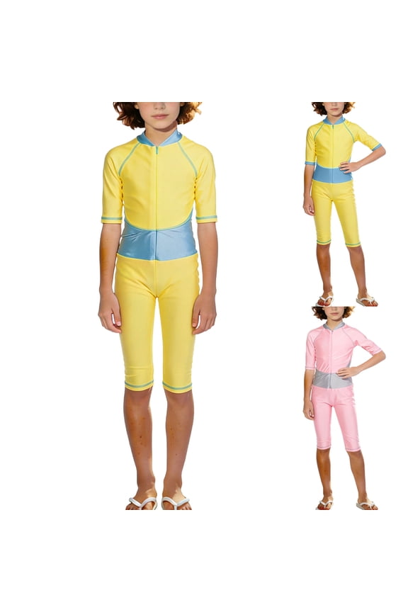 BiZtdJrK Sport Swimsuits for Girl Color Block Zip Up Half Sleeve One Piece Bathing Suit Lightweight Surfing Athletic Jumpsuits Swimwear Yellow 140