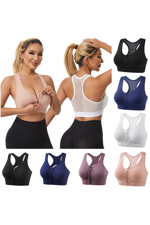 BiZtdJrK Sports Bras for Women Zip Front Closure Mesh Bras Push Up Wirefree Hollow Racerback Bralettes Underwear, Navy, XL