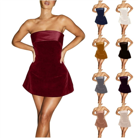 BiZtdJrK Women's Velvet Tube Top Dress Strapless Bodycon A-Line Mini Dress Off The Shoulder Backless Party Club Dresses Coffee M