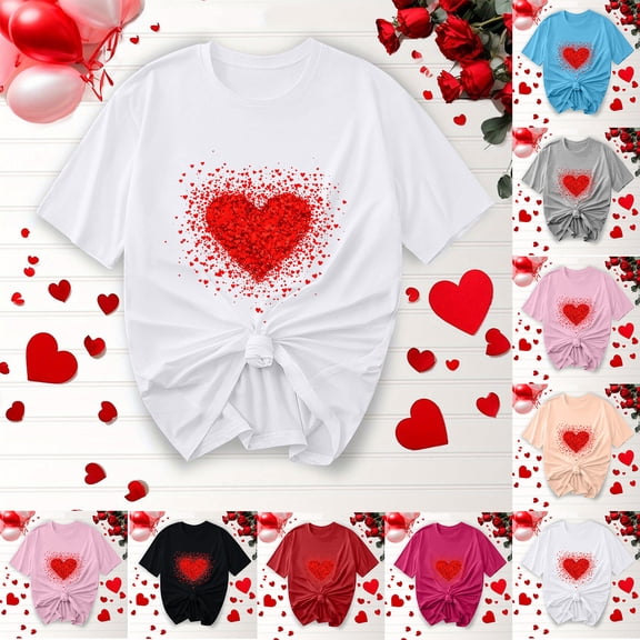 BiZtdJrK Spring Summer T Shirts for Women Heart Print Short Sleeve Cute Valentines Tee Tops Lightweight Regular Fit Casual Tees Beige S