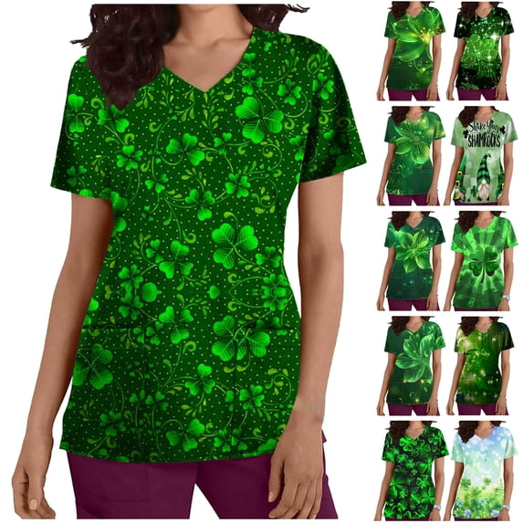 BiZtdJrK St. Patrick's Day Women Scrubs Tops Workwear Loose Nursing Uniform Scrubs Shirts Fashion Irish Holiday Tops with Pockets Green XXL Ofertas Relampago de Hoy
