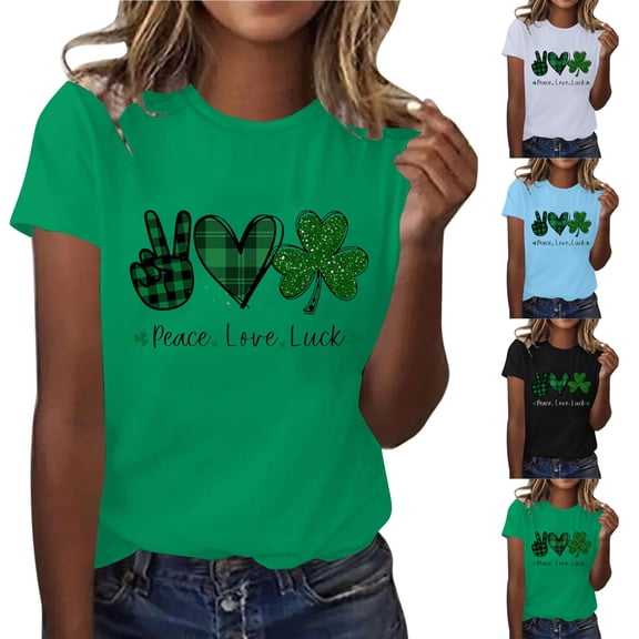 BiZtdJrK St Patricks Day Shirt Women Green Luck Shamrock Graphic Short Sleeve Irish Tops Fashion Print Parade T Shirts Light Blue M