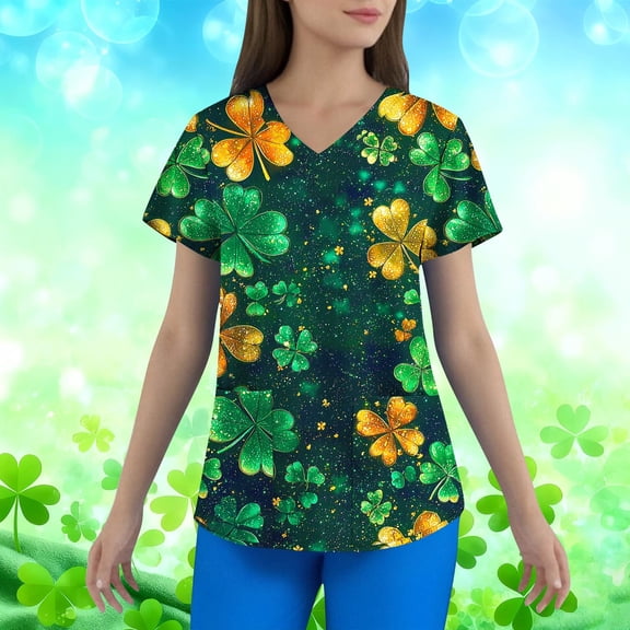 BiZtdJrK St Patricks Day Shirt Women Shamrocks Printed V Neck Short Sleeve Nursing Uniform Plus Size Tunic Scrubs Tops with Pockets Green XL