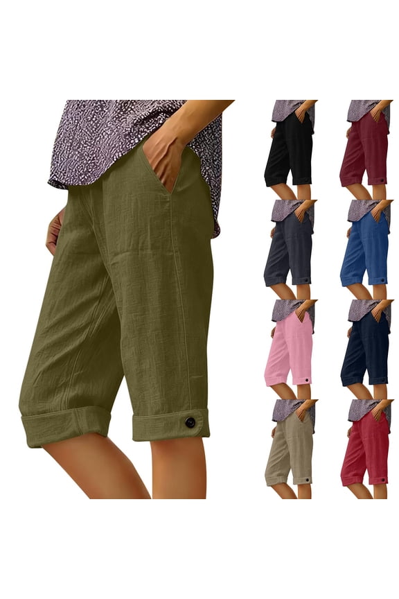 Straight Cotton Linen Shorts for Women Rolled Up Hem Elastic Waist Bermuda Shorts Lightweight Breathable Travel Summer Short Pants with Pockets Wine S