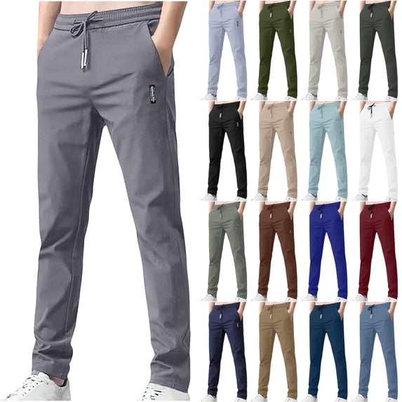 BiZtdJrK Straight Leg Pants for Men Lightweight Pull On Stretch Pants Solid Casual Drawstring Hiking Pant with Pockets, Army Green, XXL