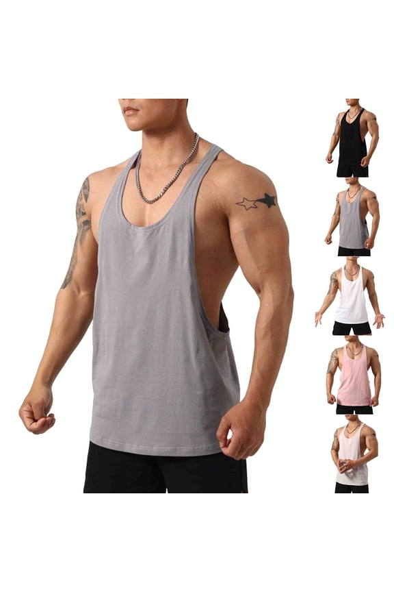 Stringer Tank Tops for Men Cut Open U Neck Sleeveless Cotton T Shirt Moisture Wicking Gym Training Bodybuilding Vest Shirts White XL