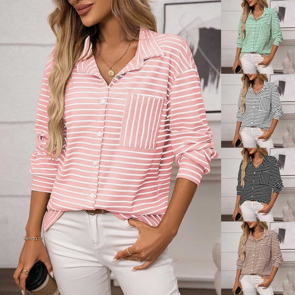 BiZtdJrK Striped Button Down Shirt Women Ribbed Knit Long Sleeve Lapel Neck Shirts Side Split Loose Casual Work Blouses with Chest Pocket Green L