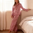thumbnail image 1 of BiZtdJrK Striped Pajama for Women Satin Silk Comfy Lounge 2 Piece Sets Lapel Long Sleeve Button Down Shirts and Pants Pjs Set with Chest Pocket Pink M, 1 of 10