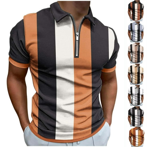 BiZtdJrK Striped Shirts for Men Short Sleeve Zipple Collared Polos Shirt Lightweight Quick Dry Tennis Athletic T-Shirts Light Blue L