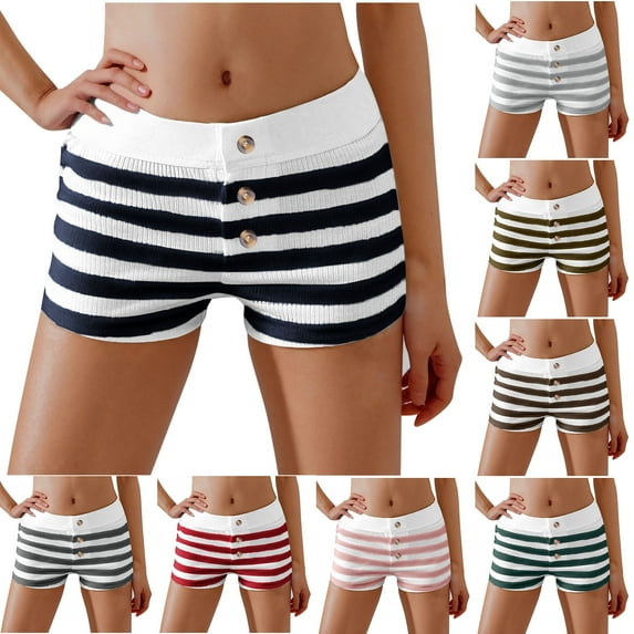 BiZtdJrK Striped Shorts for Women Colorblock Button Front Elastic Low Waist Shorts Comfy Slim Fit Pajama Shorts Green XL