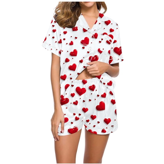 BiZtdJrK Summer 2 Piece Sets for Women Heart Printed Short Sleeve Lapel Button Down Shirt and Shorts Set Comfy Loose Casual Outfits Valentine Loungewear with Pocket Red S