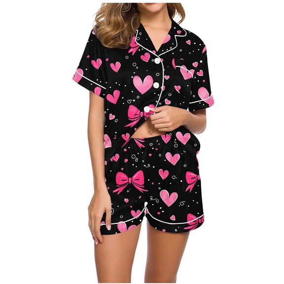 BiZtdJrK Summer 2 Piece Sets for Women Heart Printed Short Sleeve Lapel Button Down Shirt and Shorts Set Comfy Loose Casual Outfits Valentine Loungewear with Pocket Red S