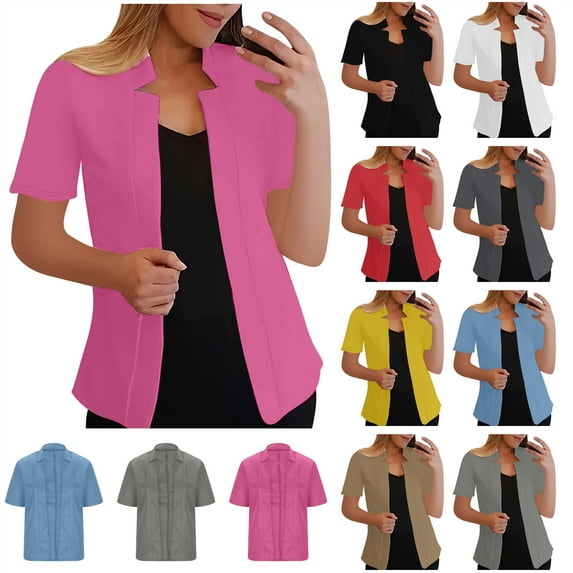 BiZtdJrK Summer Blazers for Women Lightweight Short Sleeve Business Casual Cardigans Open Front Lapel Work Office Suit Blazer Blue M