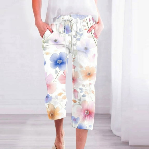 BiZtdJrK Summer Capri Pants for Women Boho Floral Print Casual Straight Leg Pants High Waisted Drawstring Beach Lounge pants with Pockets Multicolor#1 M